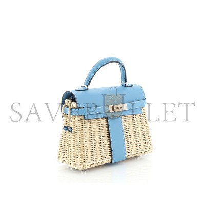 HERMÈS MASTER PICNIC MINI KELLY 20 HANDBAG BLEU DU NORD SWIFT AND WICKER WITH PALLADIUM HARDWARE (20*14*8cm) 